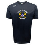 Black moisture-wicking Mother Lode Tempo Vapodri T-Shirt by Canterbury featuring a “Mother Lode Rugby” graphic with crossed pickaxes and a rugby ball.