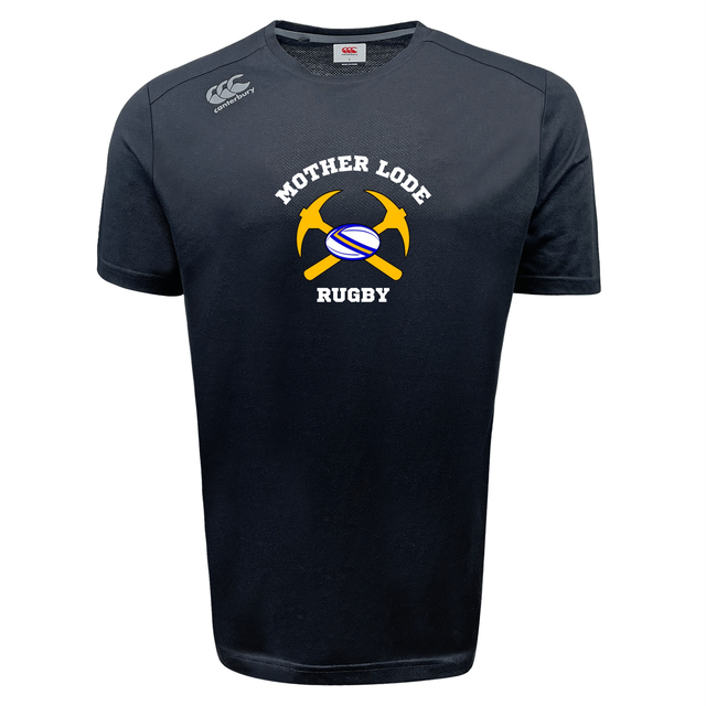 Black moisture-wicking Mother Lode Tempo Vapodri T-Shirt by Canterbury featuring a “Mother Lode Rugby” graphic with crossed pickaxes and a rugby ball.