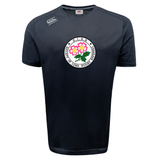 The Society of Iowa Rugby Referees Tempo Vapodri T-Shirt by WRS Canterbury features a black, short-sleeved design with a circular “Society of Iowa Rugby Referees” logo adorned with flowers on the chest and a discreet Canterbury insignia on the shoulder. Styled in the Vapodri tee tradition, this athletic t-shirt delivers moisture-wicking comfort to keep you cool throughout every match.