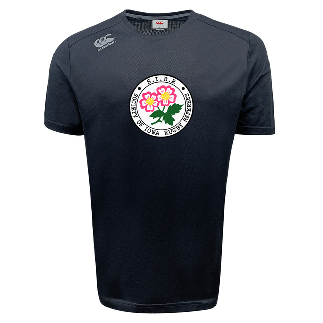 The Society of Iowa Rugby Referees Tempo Vapodri T-Shirt by WRS Canterbury features a black, short-sleeved design with a circular “Society of Iowa Rugby Referees” logo adorned with flowers on the chest and a discreet Canterbury insignia on the shoulder. Styled in the Vapodri tee tradition, this athletic t-shirt delivers moisture-wicking comfort to keep you cool throughout every match.