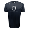Front view of the Highlanders Rugby NC Tempo Vapodri T-Shirt by Canterbury in black, showcasing a white sword and shield logo with "Highlanders Rugby" printed on the chest, incorporating VapoDri technology.