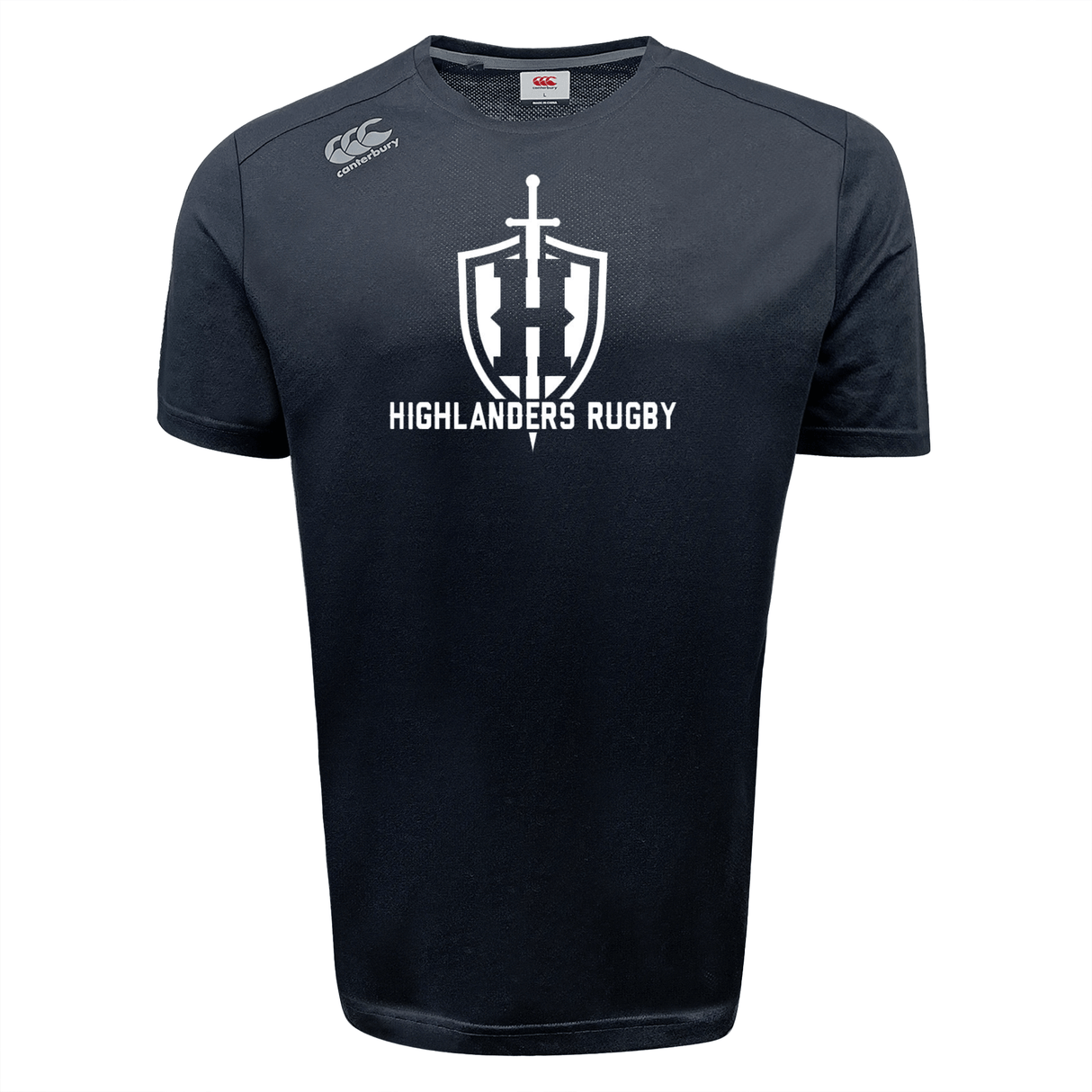Front view of the Highlanders Rugby NC Tempo Vapodri T-Shirt by Canterbury in black, showcasing a white sword and shield logo with "Highlanders Rugby" printed on the chest, incorporating VapoDri technology.