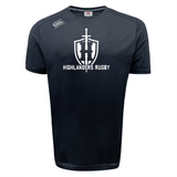 Front view of the Highlanders Rugby NC Tempo Vapodri T-Shirt by Canterbury in black, showcasing a white sword and shield logo with "Highlanders Rugby" printed on the chest, incorporating VapoDri technology.
