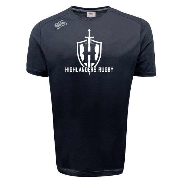 Front view of the Highlanders Rugby NC Tempo Vapodri T-Shirt by Canterbury in black, showcasing a white sword and shield logo with "Highlanders Rugby" printed on the chest, incorporating VapoDri technology.