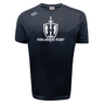 Front view of the Highlanders Rugby NC Tempo Vapodri T-Shirt by Canterbury in black, showcasing a white sword and shield logo with "Highlanders Rugby" printed on the chest, incorporating VapoDri technology.