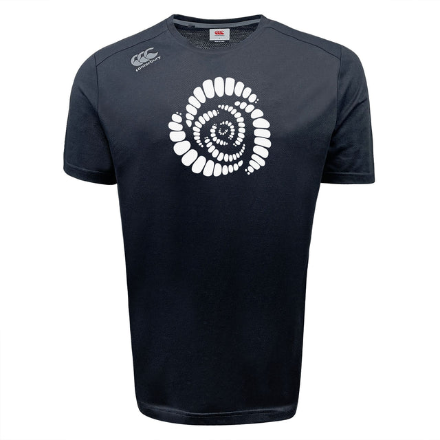 The Missoula All-Maggots Tempo Vapodri T-Shirt by WRS Canterbury features a striking white spiral design made of oval shapes across the chest and a small white logo on the right shoulder. Engineered with moisture-wicking Vapodri technology, this performance tee keeps you cool and comfortable during all athletic activities.