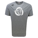 The Missoula All-Maggots Tempo Vapodri T-Shirt by WRS Canterbury features a gray short-sleeve design with a white spiral shell graphic on the chest and a small logo on the left shoulder, crafted in an athletic performance style for comfort and versatility.