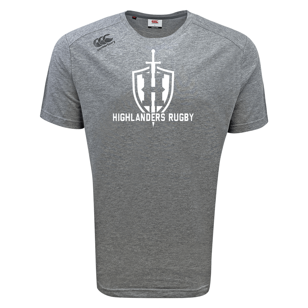 Introducing the Highlanders Rugby NC Tempo VapoDri T-Shirt by Canterbury from WRS Canterbury: a gray sports tee showcasing a white "Highlanders Rugby" logo and sword emblem on the front. It features VapoDri technology for superior moisture-wicking, along with a small Canterbury logo on the upper left.