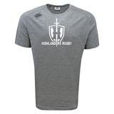Introducing the Highlanders Rugby NC Tempo VapoDri T-Shirt by Canterbury from WRS Canterbury: a gray sports tee showcasing a white "Highlanders Rugby" logo and sword emblem on the front. It features VapoDri technology for superior moisture-wicking, along with a small Canterbury logo on the upper left.