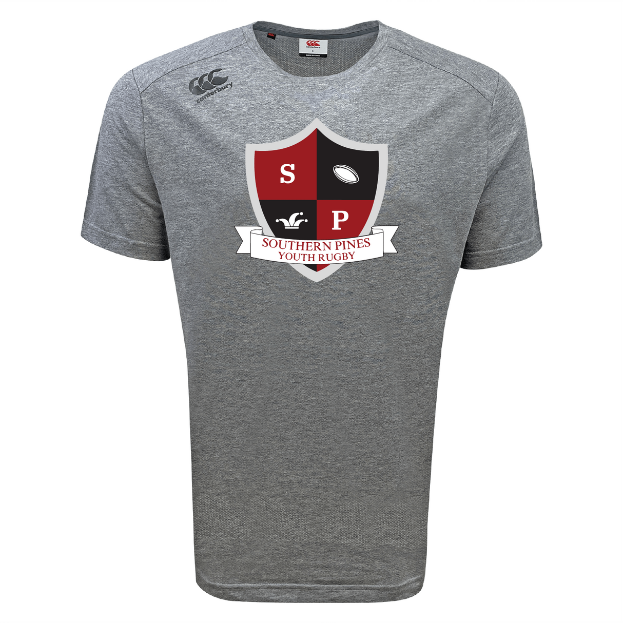 The Southern Pines Youth Rugby Tempo Vapodri T-Shirt by WRS Canterbury features a gray sports tee with a red and black shield displaying "SP" initials and a rugby ball. It's crafted with VapoDri technology for optimal moisture-wicking, ensuring comfort on and off the field.