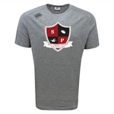The Southern Pines Youth Rugby Tempo Vapodri T-Shirt by WRS Canterbury features a gray sports tee with a red and black shield displaying "SP" initials and a rugby ball. It's crafted with VapoDri technology for optimal moisture-wicking, ensuring comfort on and off the field.