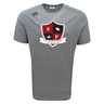 The Southern Pines Youth Rugby Tempo Vapodri T-Shirt by WRS Canterbury features a gray sports tee with a red and black shield displaying "SP" initials and a rugby ball. It's crafted with VapoDri technology for optimal moisture-wicking, ensuring comfort on and off the field.