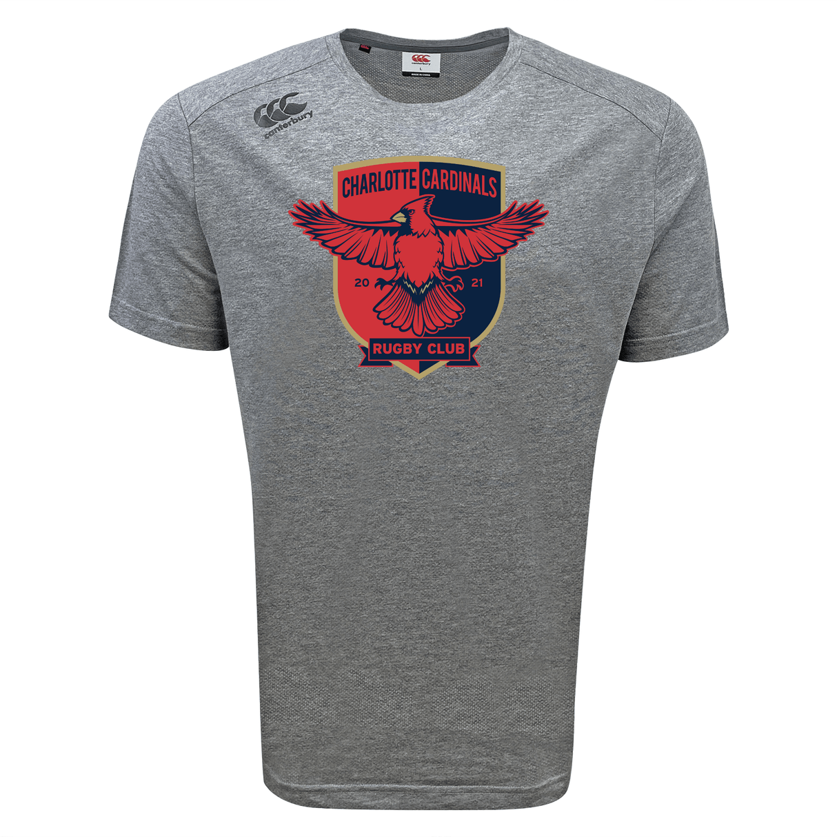 Gray Charlotte Cardinals Rugby Club Tempo Vapodri T-Shirt by WRS Canterbury featuring eagle graphic, dates 20-21.