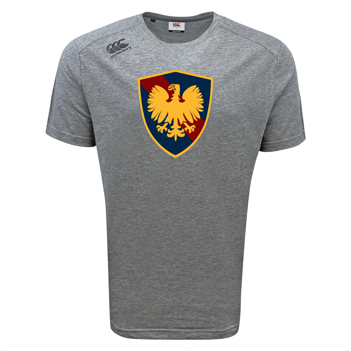 Grey Cincinnati Classical Academy Tempo Vapodri t-shirt by WRS Canterbury, featuring a crest with a golden eagle on a blue and red shield, branded logo on the left chest.