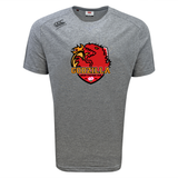 The Godzilla Rugby Football Club Tempo Vapodri T-Shirt by WRS Canterbury is a grey athletic sports tee featuring a “GODZILLA Rugby Football Club” logo with a striking red dragon holding a rugby ball on the chest, and the Canterbury logo on the right shoulder. Designed with Vapodri technology, this t-shirt delivers moisture-wicking performance to keep you cool and comfortable during intense activities.