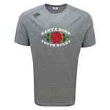 The Santa Rosa Youth Rugby Tempo Vapodri T-Shirt by WRS Canterbury features gray short sleeves, “Santa Rosa Youth Rugby” text with a red rose graphic on the front, moisture-wicking Vapodri fabric for athletic performance, and a small Canterbury logo on the right shoulder.