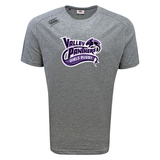 The Valley Panthers Girls Rugby Tempo Vapodri T-Shirt by Canterbury from WRS Canterbury is a gray short-sleeve athletic performance shirt featuring a purple and white “Valley Panthers Girls Rugby” logo with a panther graphic on the chest. Designed with moisture-wicking Vapodri technology, this sports tee keeps you comfortable and dry, making it ideal for intense training sessions or game day.