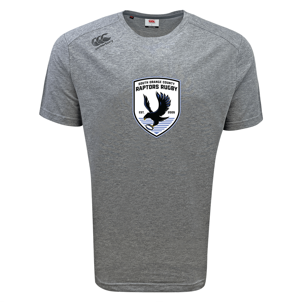 The South Orange County Raptors Tempo Vapodri T-Shirt by WRS Canterbury is a gray short-sleeve performance tee featuring a “Raptors Rugby” logo with an eagle and rugby ball centered on the front. Designed with Canterbury’s moisture-wicking Vapodri technology for superior athletic comfort, this t-shirt also displays the Canterbury brand logo on the right shoulder.