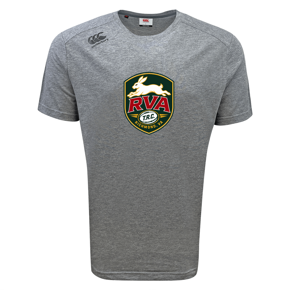 The RVA T.R.C. Tempo Vapodri T-Shirt by WRS Canterbury features a bold Canterbury logo and a prominent RVA Richmond Rugby crest with a white rabbit and green, red, yellow, and black accents on the chest. Designed as an athletic performance t-shirt, this moisture-wicking sports shirt keeps you cool and comfortable during every game or workout.