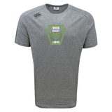 Grey Rock Rugby Tempo Vapodri T-Shirt by Canterbury featuring a green “Rock Rugby Lions” graphic inside a keystone shape on the chest.