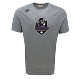 The WRS Canterbury Cypress Warriors Men's Rugby Tempo Vapodri T-Shirt features a gray short-sleeve design with the “Cypress Warriors Men’s Rugby 2024” logo and a helmeted warrior with sword graphic, blending athletic performance and style.