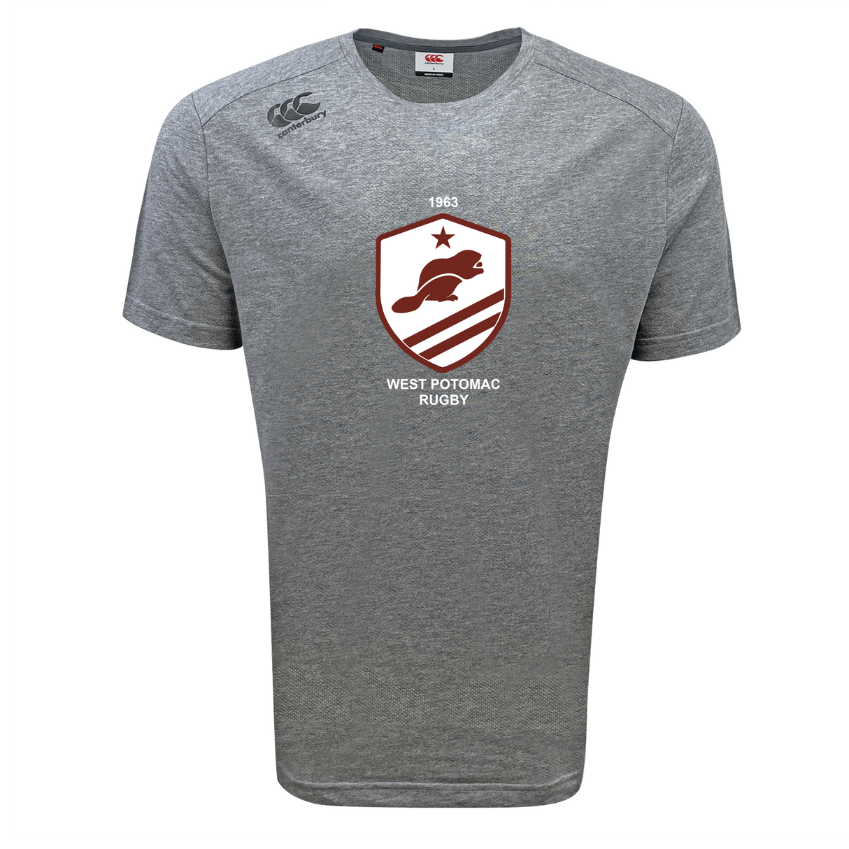 The West Potomac RFC Tempo Vapodri T-Shirt by WRS Canterbury features a gray athletic design, "West Potomac Rugby" crest with beaver, star, stripes, 1963 detail, and a classic Canterbury logo on the right shoulder.