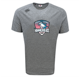 The SWFL Lady Hammerheads Tempo Vapodri T-Shirt by WRS Canterbury is a heather gray short-sleeve sports tee with a hammerhead shark logo, made from moisture-wicking fabric for comfort on and off the field.