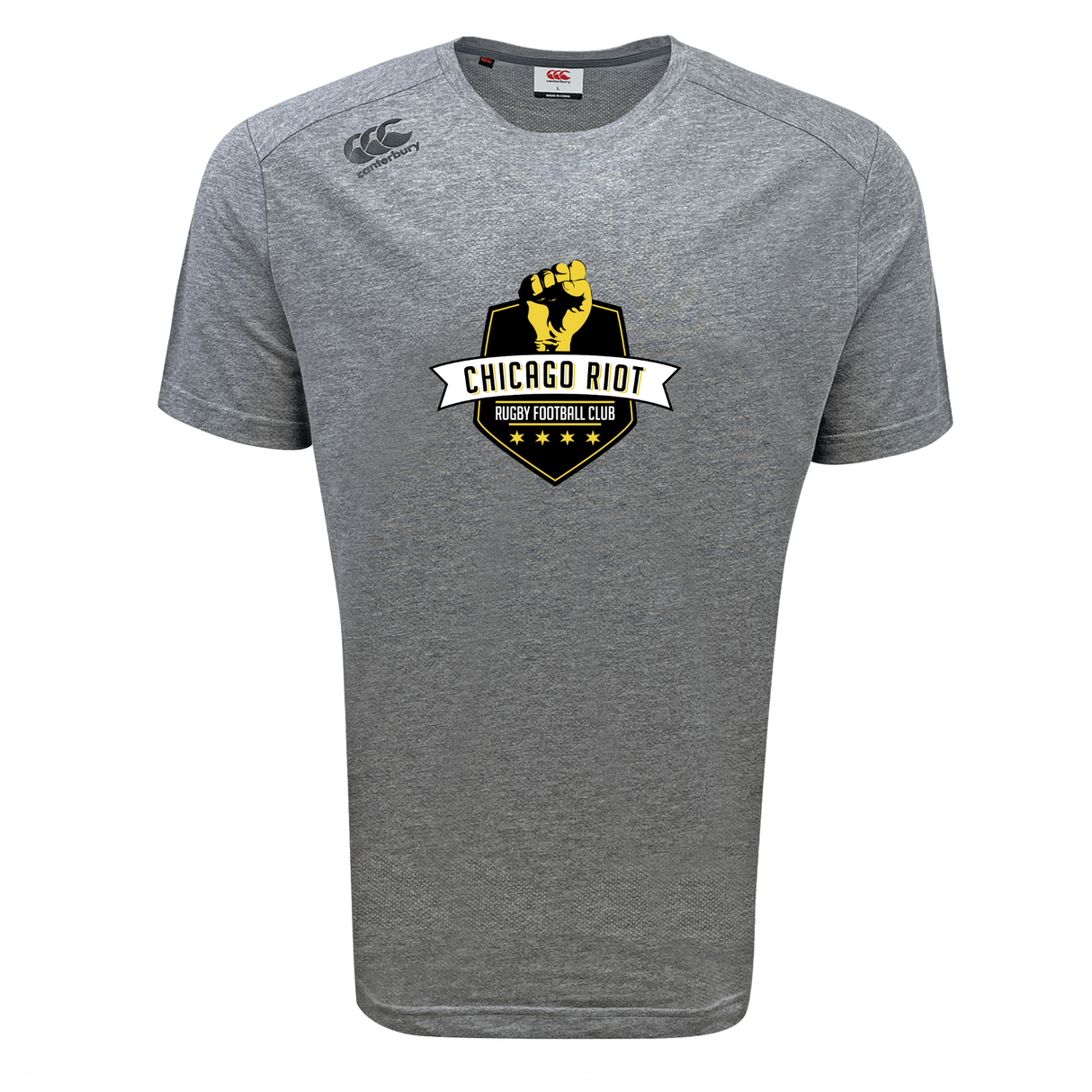The Chicago Riot Tempo Vapodri T-Shirt by WRS Canterbury is a grey, short-sleeve, moisture-wicking sports tee with the "Chicago Riot Rugby Football Club" logo in black and yellow on the front center.