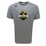 The Chicago Riot Tempo Vapodri T-Shirt by WRS Canterbury is a grey, short-sleeve, moisture-wicking sports tee with the "Chicago Riot Rugby Football Club" logo in black and yellow on the front center.
