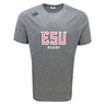 The East Stroudsburg University Tempo Vapodri T-Shirt by WRS Canterbury is a gray short-sleeve athletic tee featuring "ESU Rugby" in bold red and white on the front and a small logo on the right shoulder.
