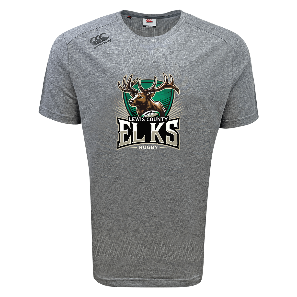 The WRS Canterbury Lewis County Elks Tempo Vapodri T-Shirt by Canterbury is a gray short-sleeve sports shirt featuring moisture-wicking fabric and a “Lewis County Elks Rugby” logo with an elk head graphic on the chest.