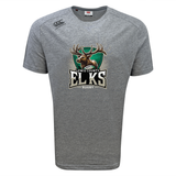 The WRS Canterbury Lewis County Elks Tempo Vapodri T-Shirt by Canterbury is a gray short-sleeve sports shirt featuring moisture-wicking fabric and a “Lewis County Elks Rugby” logo with an elk head graphic on the chest.