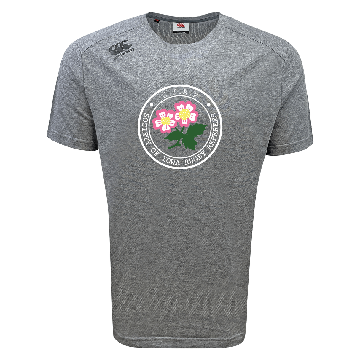 Show your support for Iowa rugby referees with the Society of Iowa Rugby Referees Tempo Vapodri T-Shirt by Canterbury. This gray short-sleeve performance shirt from WRS Canterbury features a circular “S.T.R.R. of Iowa Rugby Referees” chest logo accented with pink flowers and green leaves. Crafted for comfort and style, it’s the perfect athletic tee for active days both on and off the field.
