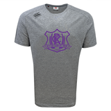 Grey moisture-wicking Western Carolina University Tempo Vapodri T-Shirt by Canterbury with a purple Western Carolina Rugby emblem on the chest.
