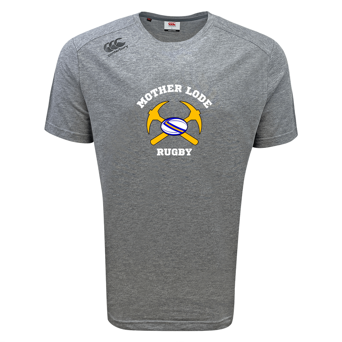 Grey Mother Lode Tempo Vapodri T-Shirt by Canterbury featuring a graphic of two crossed pickaxes behind a rugby ball and the text “Mother Lode Rugby.”