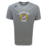 Grey Mother Lode Tempo Vapodri T-Shirt by Canterbury featuring a graphic of two crossed pickaxes behind a rugby ball and the text “Mother Lode Rugby.”