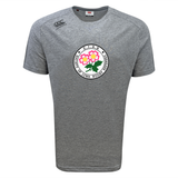 The Society of Iowa Rugby Referees Tempo Vapodri T-Shirt by Canterbury, from WRS Canterbury, is a gray short-sleeve athletic tee featuring a round logo with pink flowers and green leaves at the center, encircled by “S.I.T.R.R. School of Iona Rugby Referees” text. Designed as a moisture-wicking sports shirt, this Vapodri Tee keeps you cool and comfortable on and off the field.