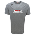 The WRS Canterbury USA Para Powerlifting Tempo Vapodri T-Shirt features short sleeves, a gray color, "USA Para Powerlifting" text, a red barbell graphic on the chest, and moisture-wicking comfort in Canterbury’s signature style.