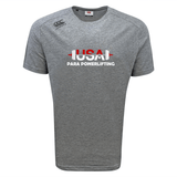 The WRS Canterbury USA Para Powerlifting Tempo Vapodri T-Shirt features short sleeves, a gray color, "USA Para Powerlifting" text, a red barbell graphic on the chest, and moisture-wicking comfort in Canterbury’s signature style.
