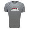 The WRS Canterbury USA Para Powerlifting Tempo Vapodri T-Shirt features short sleeves, a gray color, "USA Para Powerlifting" text, a red barbell graphic on the chest, and moisture-wicking comfort in Canterbury’s signature style.