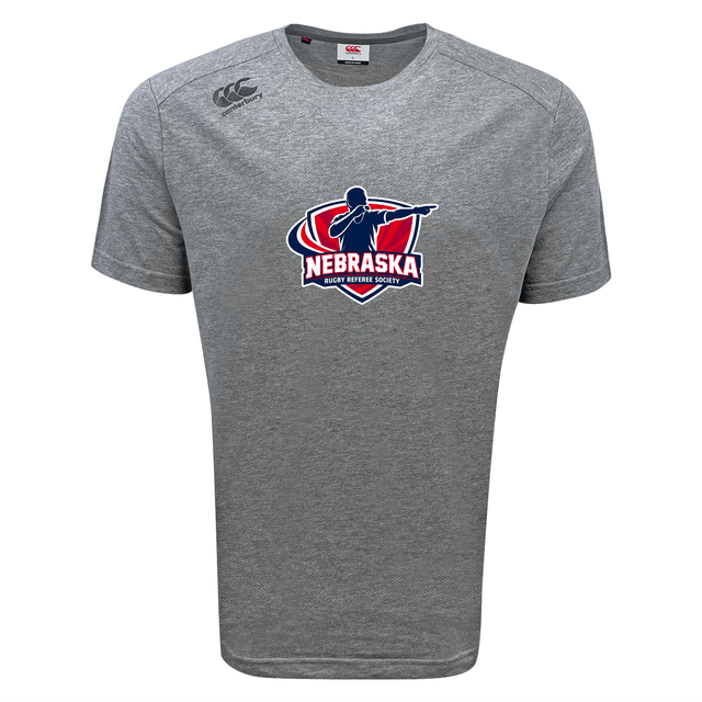 Gray short-sleeve moisture-wicking WRS Canterbury Nebraska Rugby Referee Society Tempo Vapodri T-Shirt with the logo in red, white, and blue on the front center.