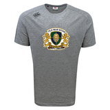 The Old Man Rivah Rugby Tempo Vapodri T-Shirt by Canterbury features a gray short-sleeve design with a lion crest, two gold lions, and “OLD MAN RIVAH” plus “SOLI QUAM CEDERE” on the front. Moisture-wicking for all-day comfort.