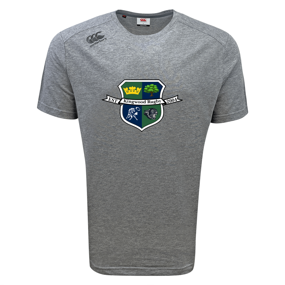 The Kingwood Rugby Tempo Vapodri T-Shirt by WRS Canterbury features moisture-wicking fabric and the club crest, established 2004, with a shield design of crown, tree, horse, and panther.