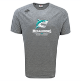 The WRS Canterbury NC Rugby Academy - Megalodons Tempo Vapodri T-Shirt features a stylized shark and "MEGALODONS RUGBY ACADEMY" on the front, plus a shoulder logo. This moisture-wicking tee is ideal for athletic performance.