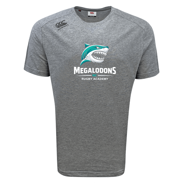 The WRS Canterbury NC Rugby Academy - Megalodons Tempo Vapodri T-Shirt features a stylized shark and "MEGALODONS RUGBY ACADEMY" on the front, plus a shoulder logo. This moisture-wicking tee is ideal for athletic performance.