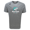 The WRS Canterbury NC Rugby Academy - Megalodons Tempo Vapodri T-Shirt features a stylized shark and "MEGALODONS RUGBY ACADEMY" on the front, plus a shoulder logo. This moisture-wicking tee is ideal for athletic performance.