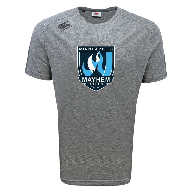 Introducing the Minneapolis Mayhem Rugby Tempo Vapodri T-Shirt by WRS Canterbury—a grey short-sleeve athletic performance tee featuring a blue and white “Minneapolis Mayhem Rugby” logo on the front and a small Canterbury logo on the right shoulder. Engineered with moisture-wicking Vapodri technology, this sports t-shirt is perfect for your active lifestyle.
