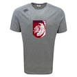 The Montgomery Bucks Griffins Tempo Vapodri T-Shirt by WRS Canterbury is a grey short-sleeve athletic tee featuring VapoDri moisture-wicking technology, a maroon and white lion crest, and "MBRFC" text on the chest.