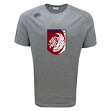 The Montgomery Bucks Griffins Tempo Vapodri T-Shirt by WRS Canterbury is a grey short-sleeve athletic tee featuring VapoDri moisture-wicking technology, a maroon and white lion crest, and "MBRFC" text on the chest.