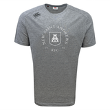 Introducing the New Saint Andrews College Tempo Vapodri T-Shirt by Canterbury—a gray short-sleeved tee featuring the “New Saint Andrews RFC 1994” logo and crest on the front, with a WRS Canterbury logo on the right shoulder. Designed in the style of a classic Canterbury Vapodri Tee, this shirt incorporates moisture-wicking technology for superior athletic performance.